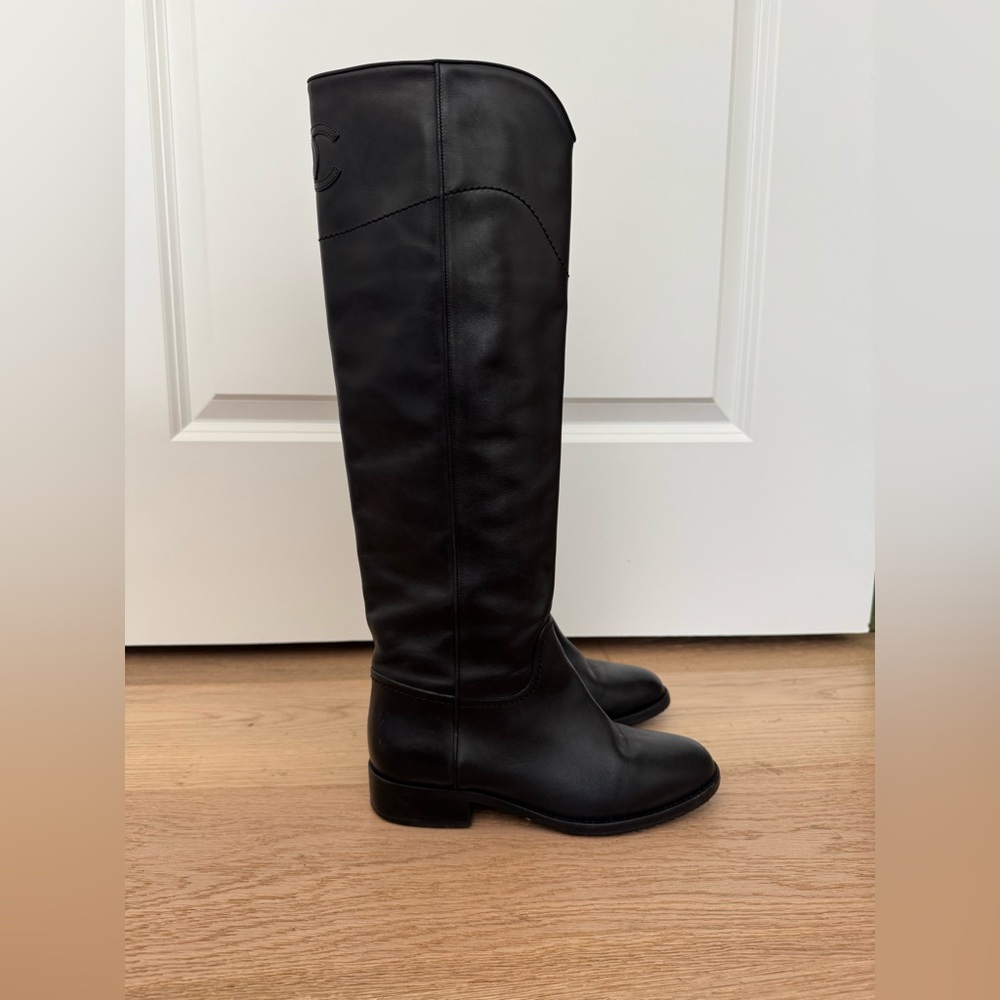 CHANEL Black Leather Knee-High  Boots